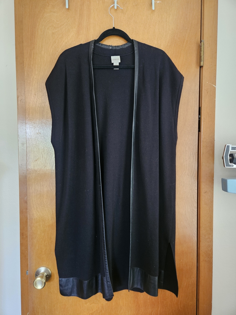 Chico's Black Sleeveless Long Cardigan with Faux Leather Trim